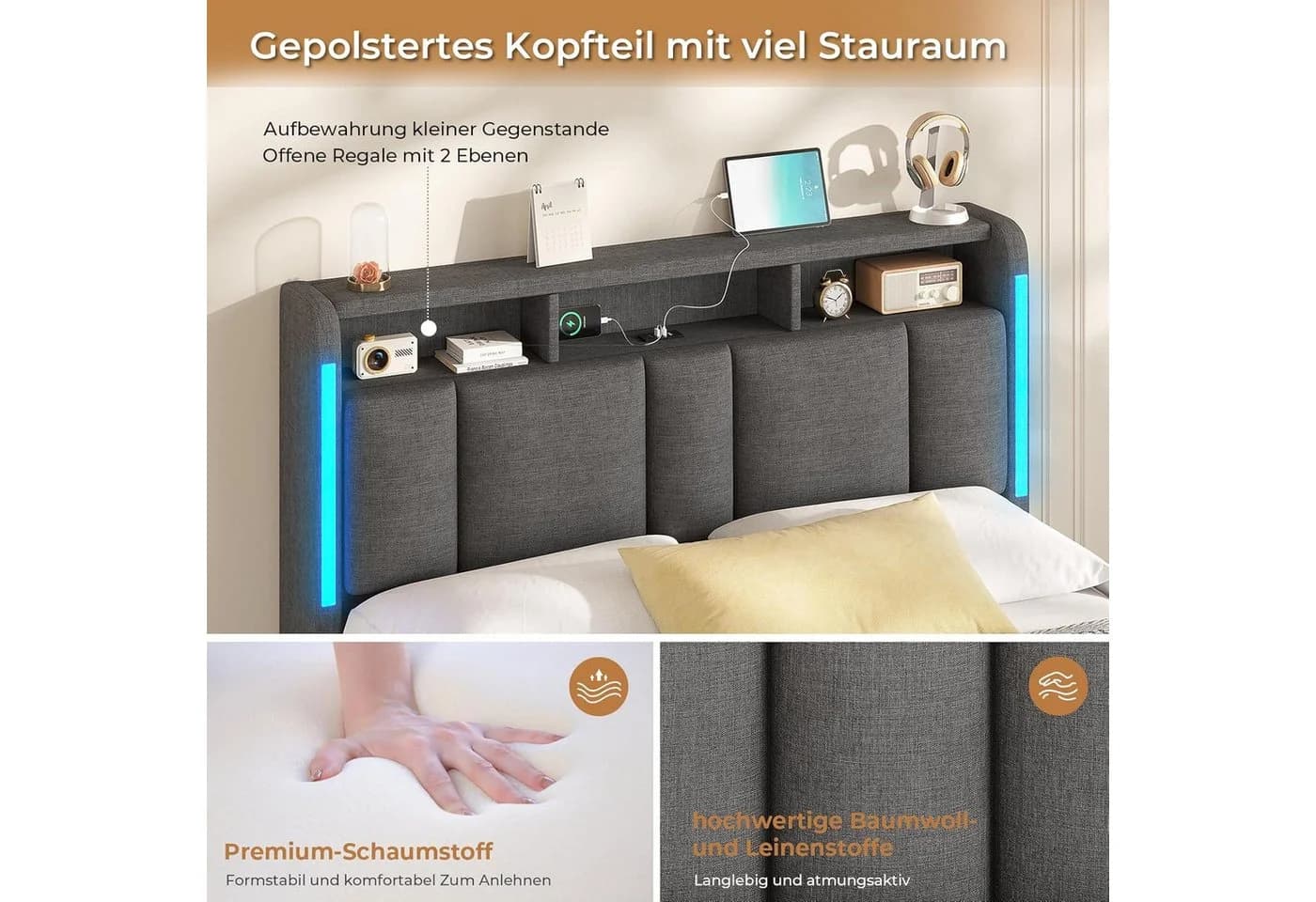 MSMASK Polsterbett 150x215 cm Dunkelgrau mit Stauraum und LED Beleuchtung - Bild 5