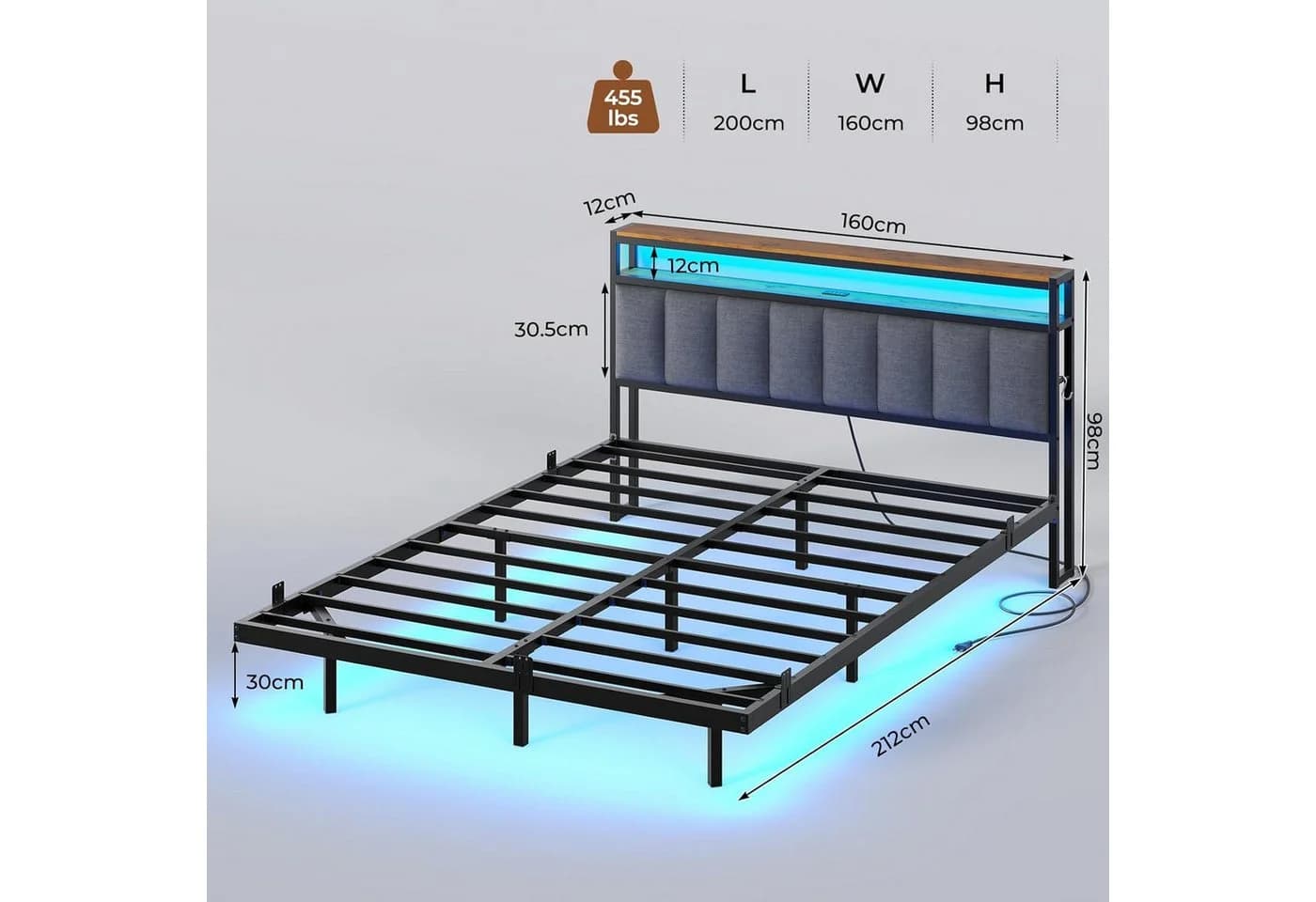 MSMASK Polsterbett mit Ladestation und LED-Beleuchtung, Dunkelgrau, 160x210cm
