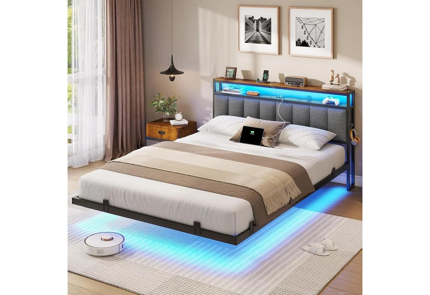 MSMASK Polsterbett mit Ladestation und LED-Beleuchtung, Dunkelgrau, 160x210cm - Bild 2