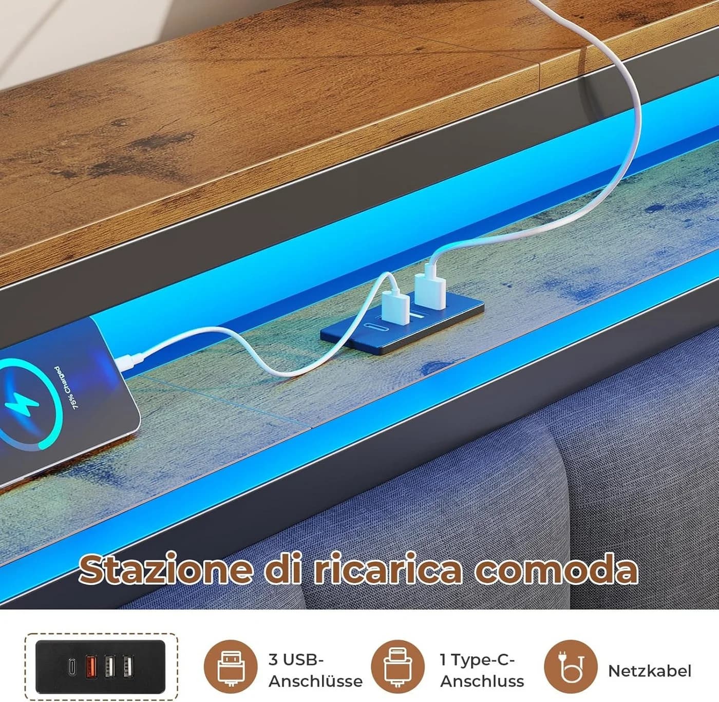 MSMASK Polsterbett mit Ladestation und LED-Beleuchtung, Dunkelgrau, 160x210cm - Bild 3