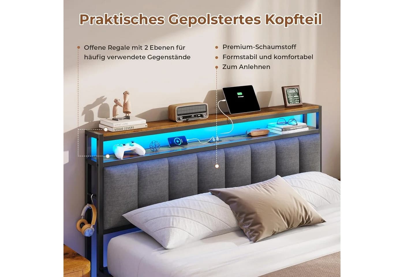 MSMASK Polsterbett mit Ladestation und LED-Beleuchtung, Dunkelgrau, 160x210cm - Bild 4