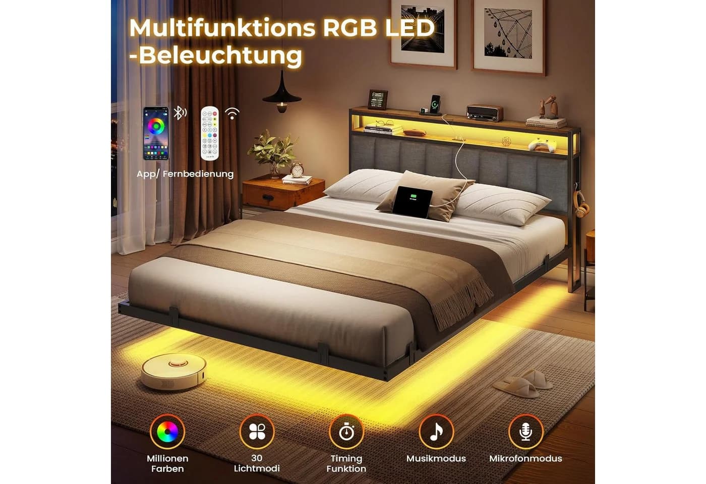 MSMASK Polsterbett mit Ladestation und LED-Beleuchtung, Dunkelgrau, 160x210cm - Bild 5
