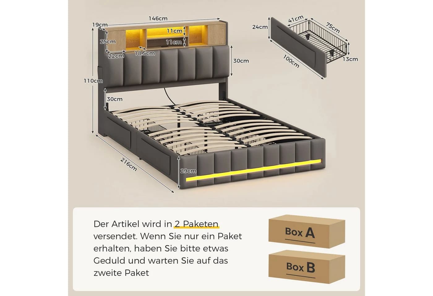 KIMENICH Polsterbett Grau mit LED-Beleuchtung und 4 Schubladen