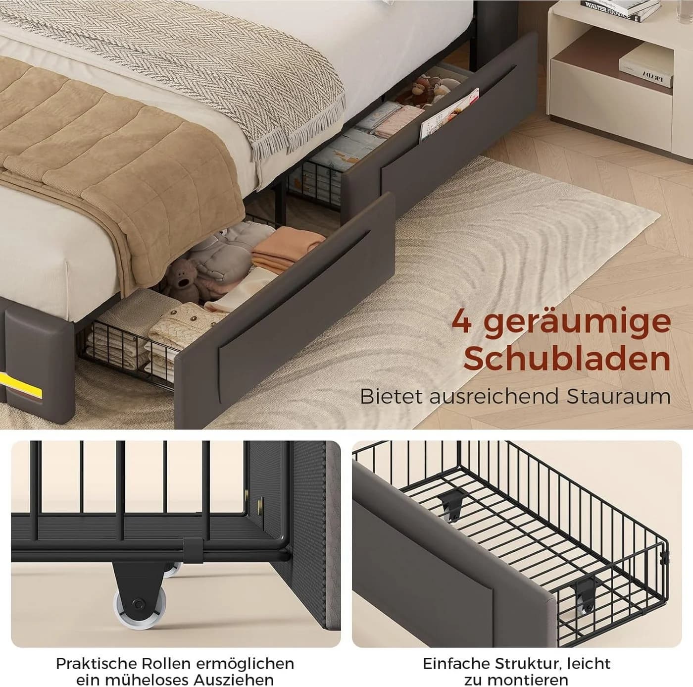 KIMENICH Polsterbett Grau mit LED-Beleuchtung und 4 Schubladen - Bild 4