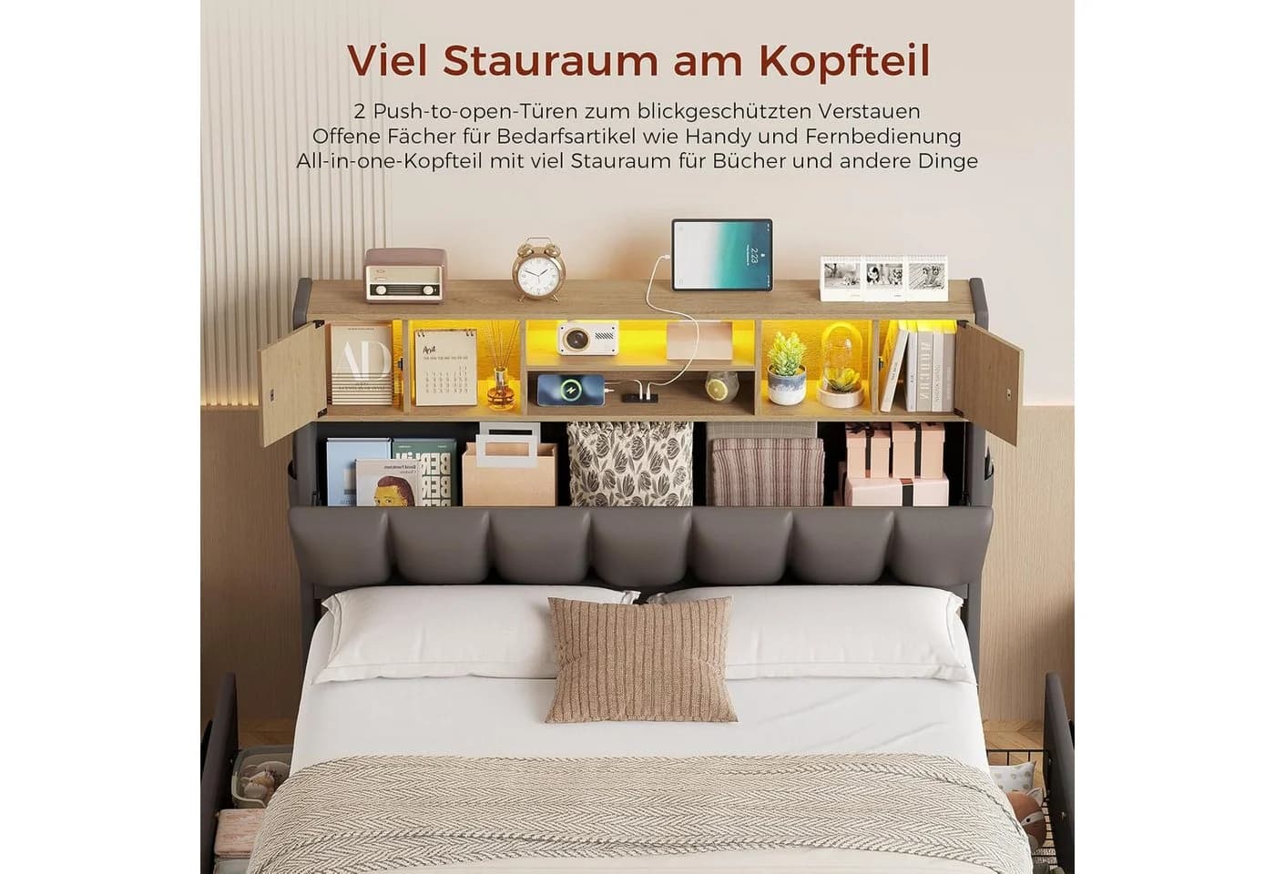 KIMENICH Polsterbett Grau mit LED-Beleuchtung und 4 Schubladen - Bild 5