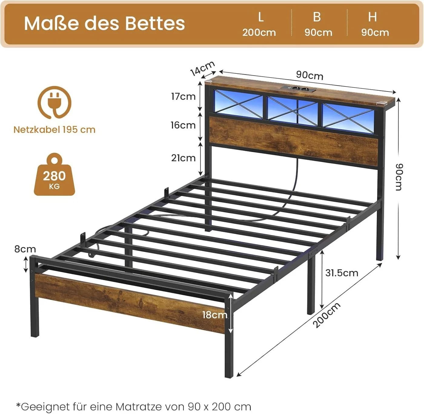 Metallbett im Industriestil, Braun, 90x200x200cm