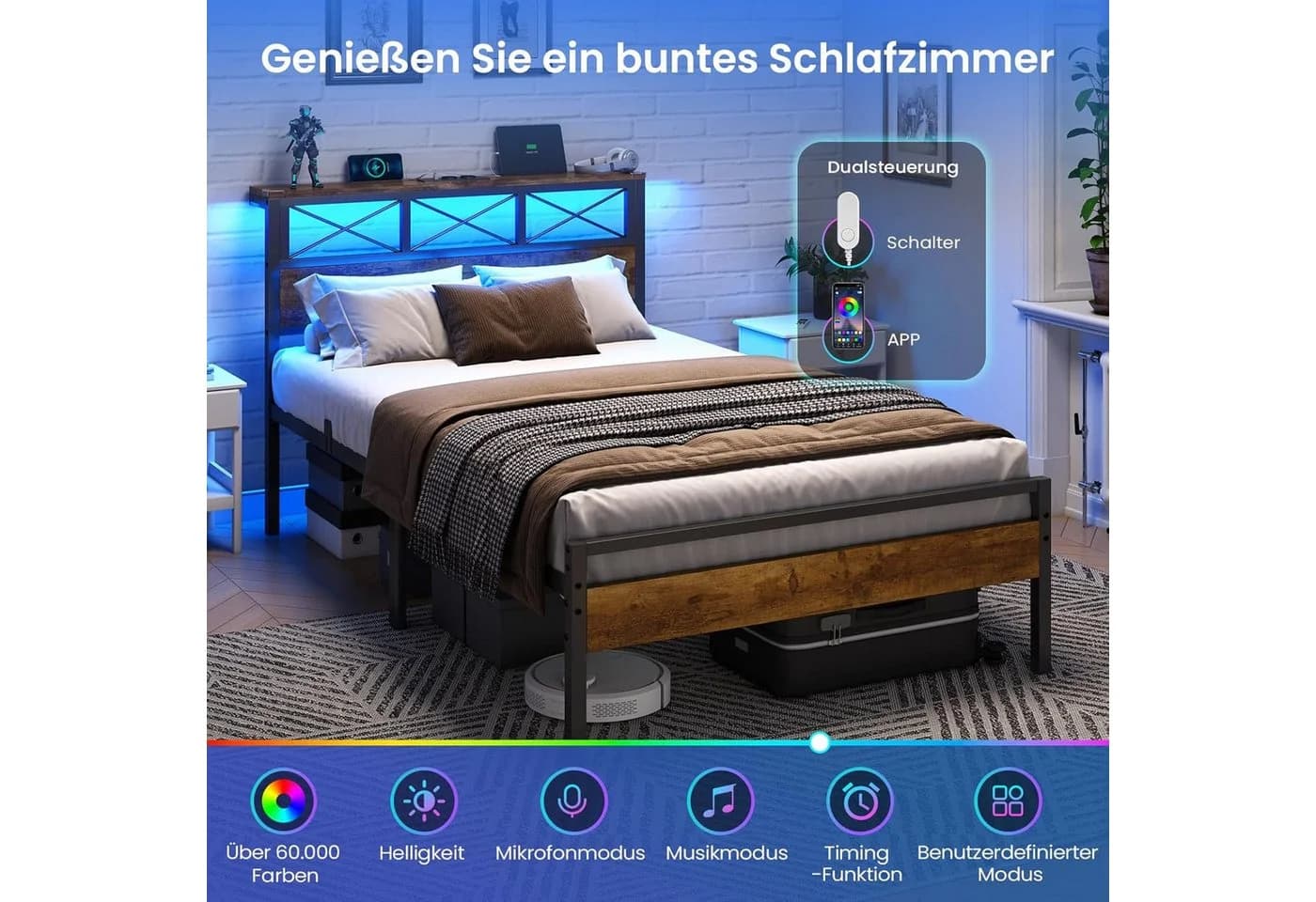 Metallbett im Industriestil, Braun, 90x200x200cm - Bild 3