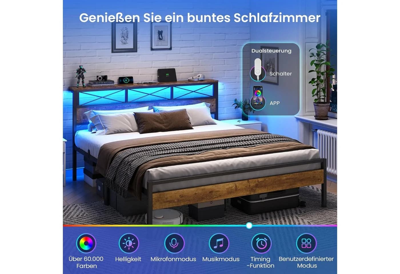 MSMASK Metallbett mit LED-Beleuchtung und USB-Ladestation - Bild 4