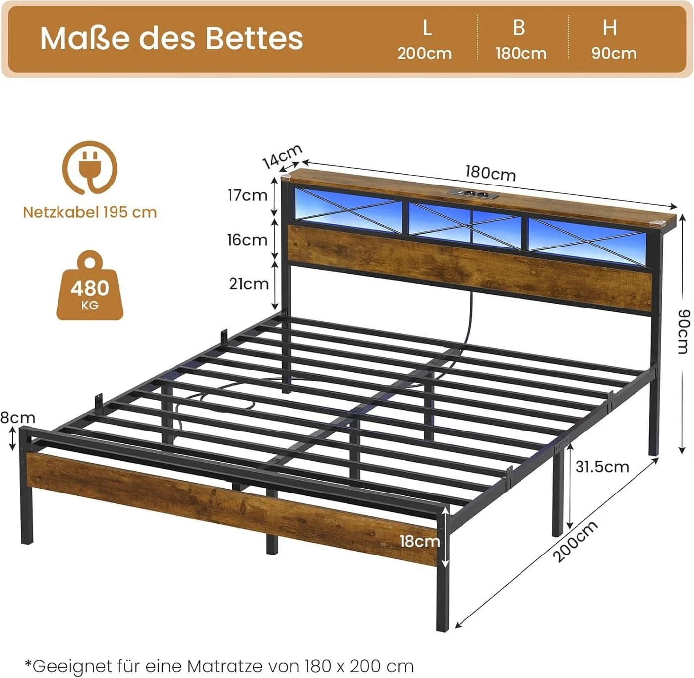 MSMASK Metallbett Bettgestell mit LED Beleuchtung und USB-Anschlüssen, Doppelbett 180x200 cm