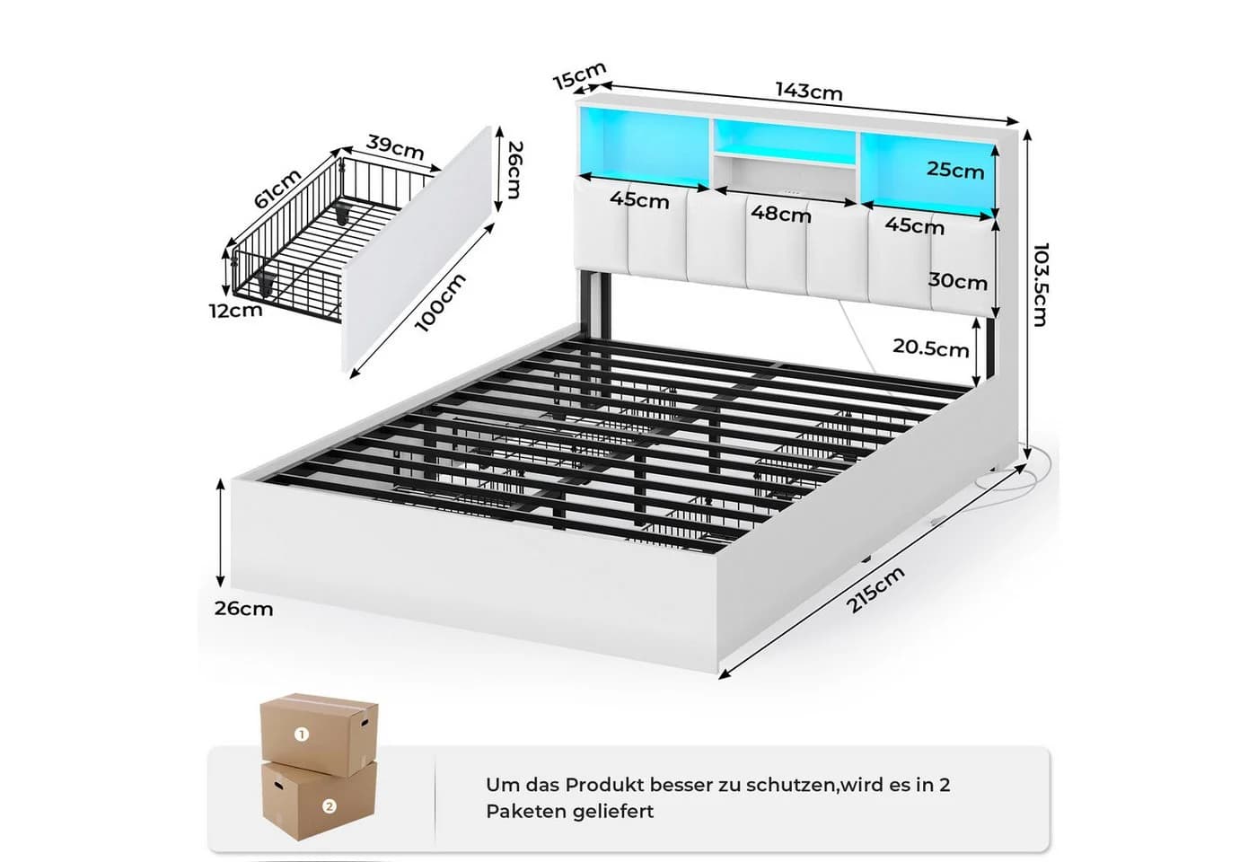 MSMASK Polsterbett Jugendbett 140x200 cm Weiß/Braun mit Ladestation & LED-Beleuchtung