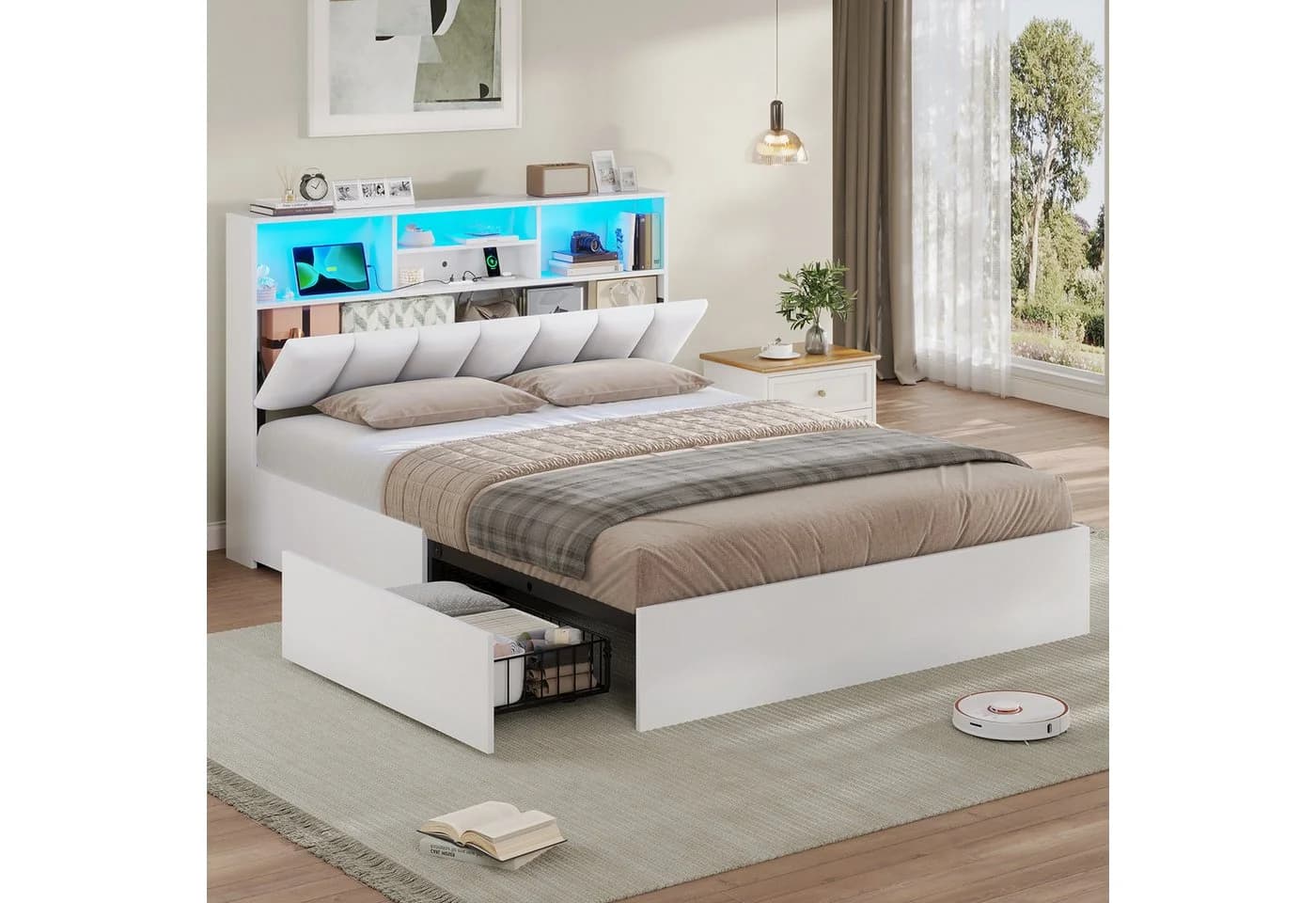 MSMASK Polsterbett Jugendbett 140x200 cm Weiß/Braun mit Ladestation & LED-Beleuchtung - Bild 2