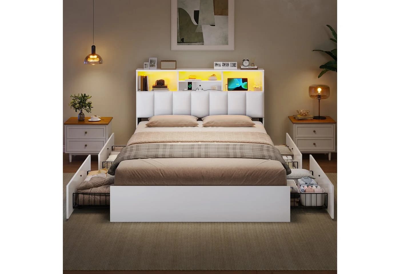MSMASK Polsterbett Jugendbett 140x200 cm Weiß/Braun mit Ladestation & LED-Beleuchtung - Bild 3