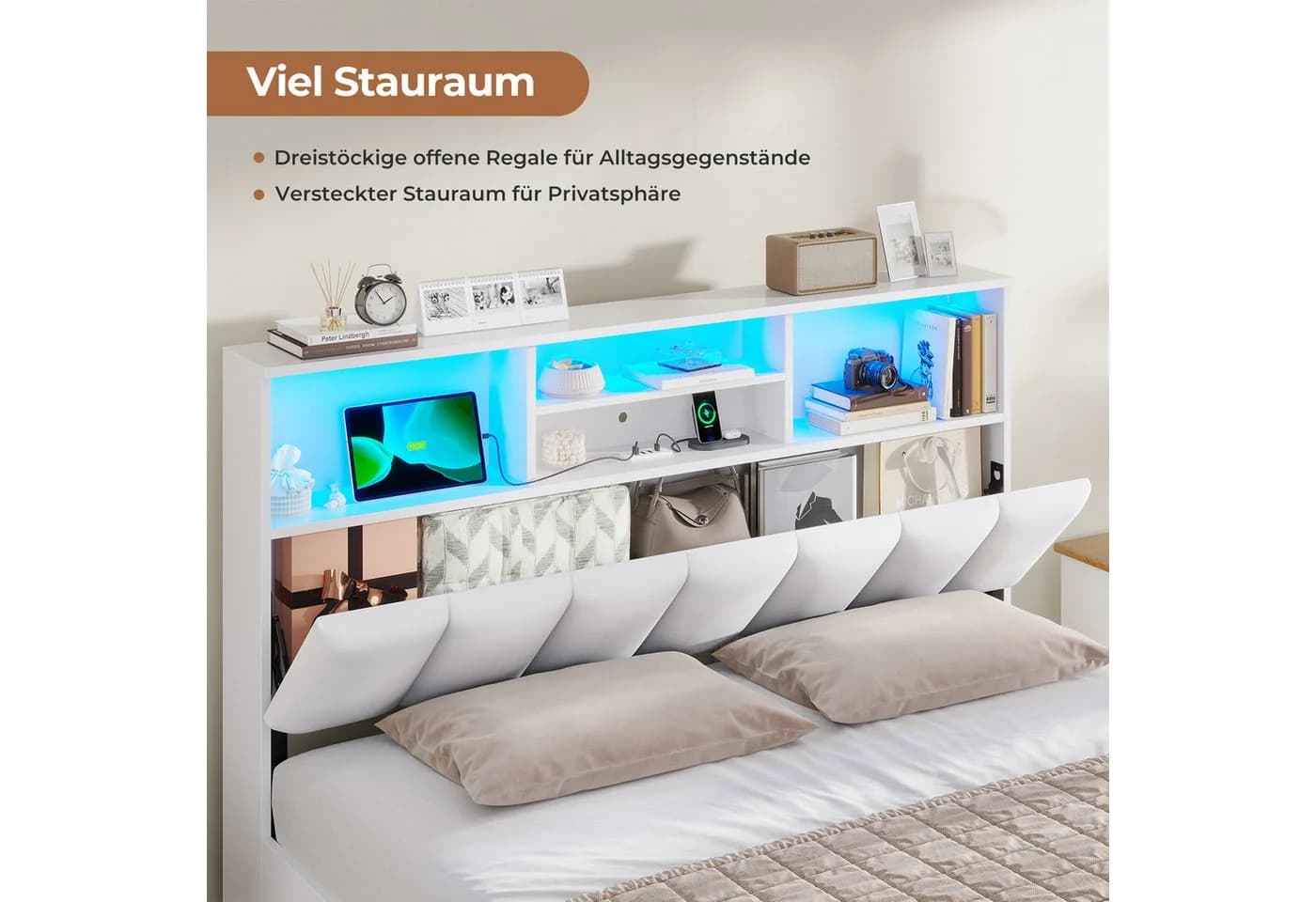 MSMASK Polsterbett Jugendbett 140x200 cm Weiß/Braun mit Ladestation & LED-Beleuchtung - Bild 4