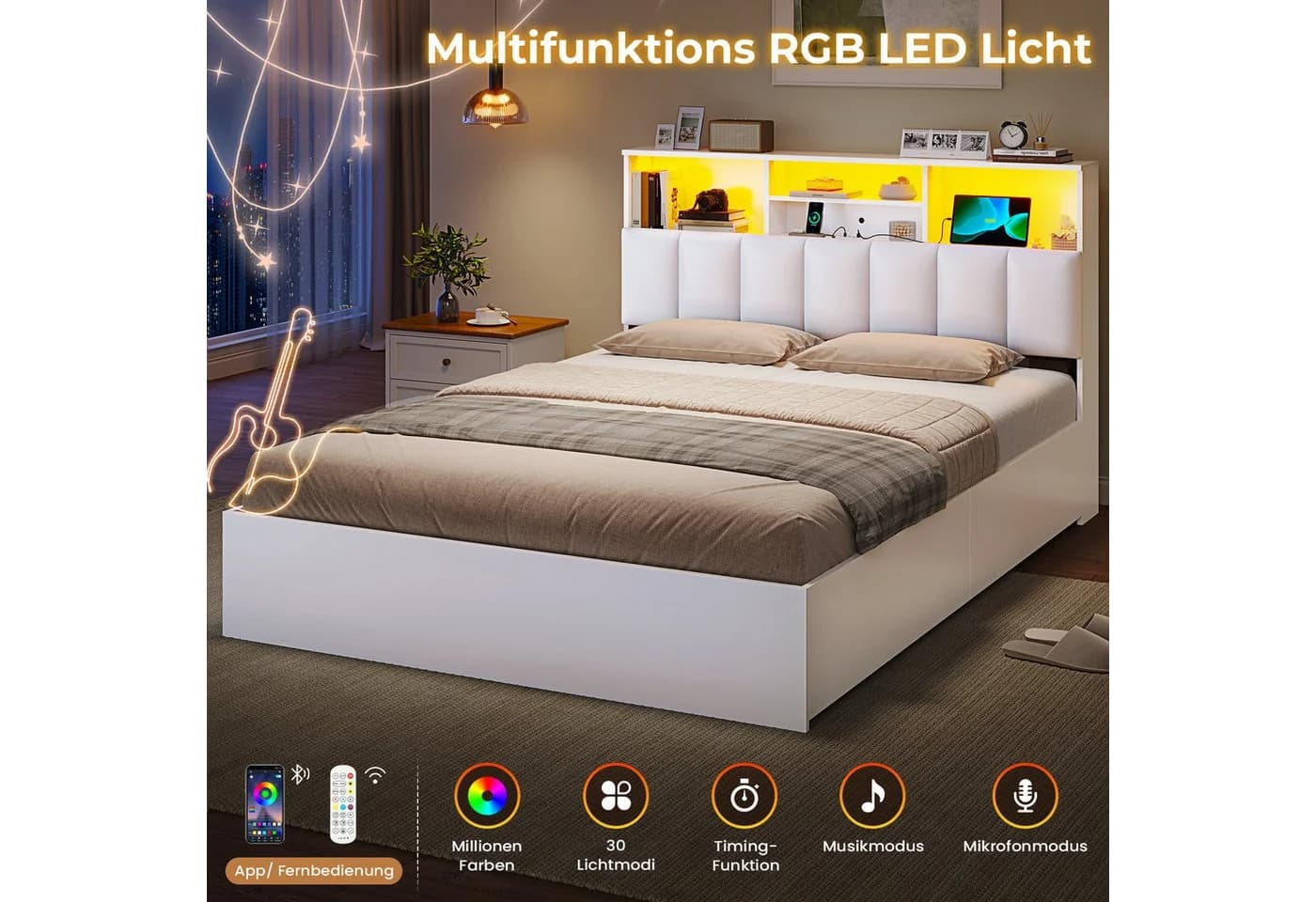 MSMASK Polsterbett Jugendbett 140x200 cm Weiß/Braun mit Ladestation & LED-Beleuchtung - Bild 5