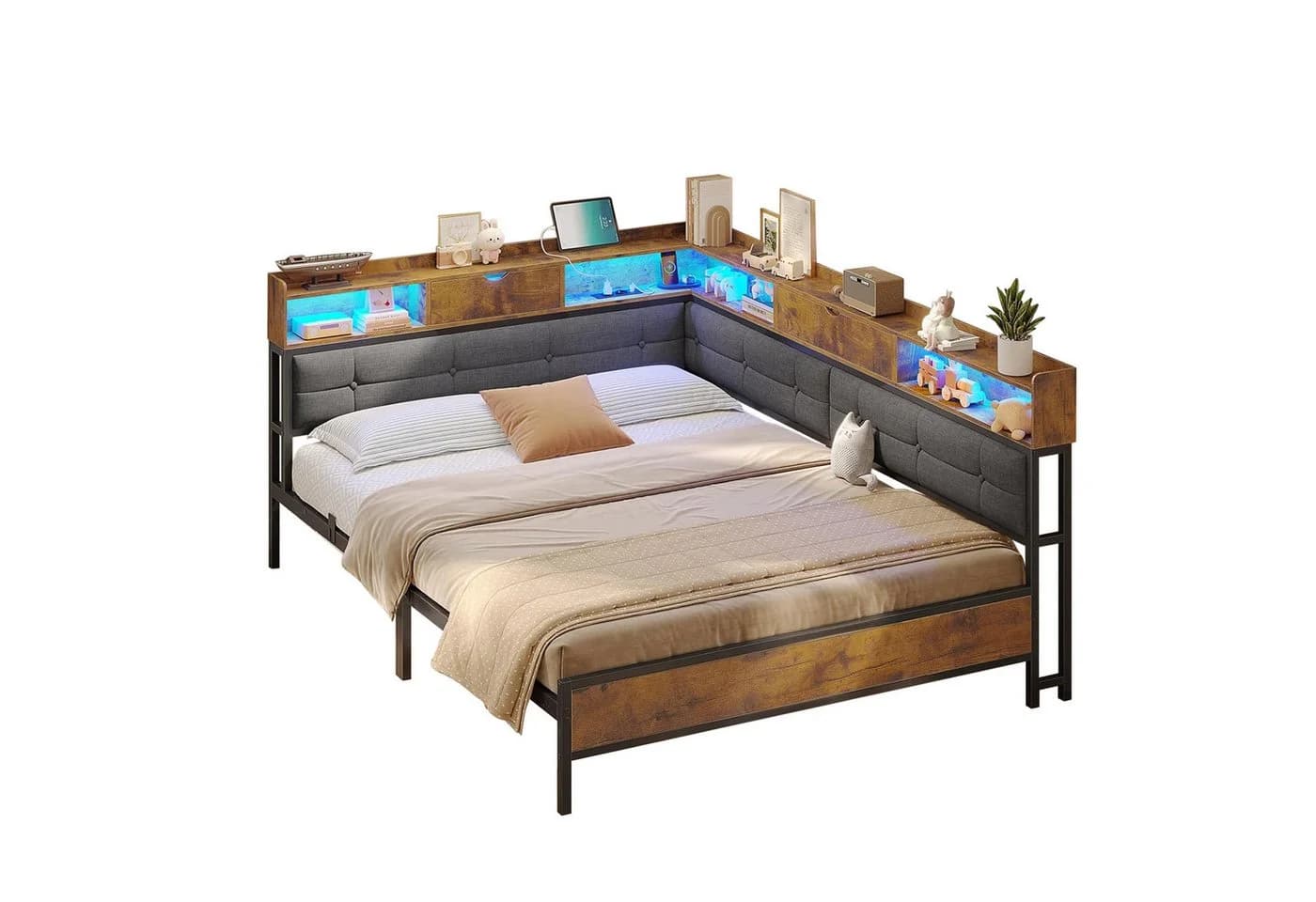 MSMASK Polsterbett Jugendbett LED-Beleuchtung USB-Ladestation 140x200 - Bild 2
