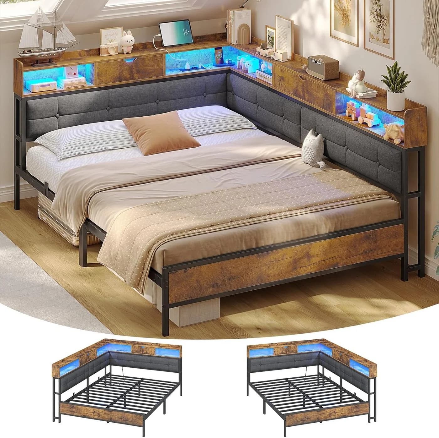 MSMASK Polsterbett Jugendbett LED-Beleuchtung USB-Ladestation 140x200 - Bild 3