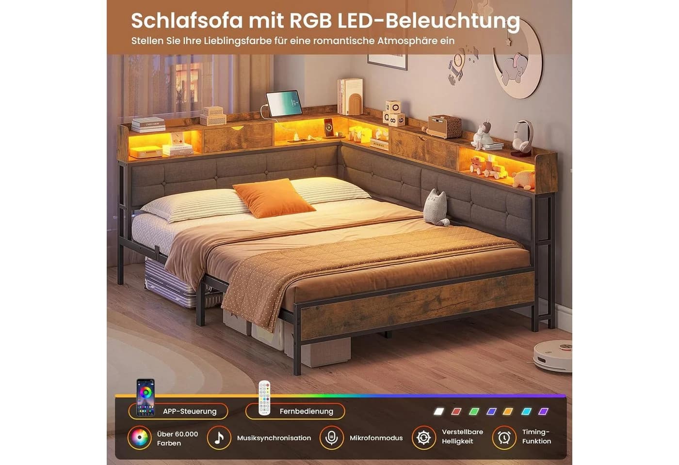MSMASK Polsterbett Jugendbett LED-Beleuchtung USB-Ladestation 140x200 - Bild 4