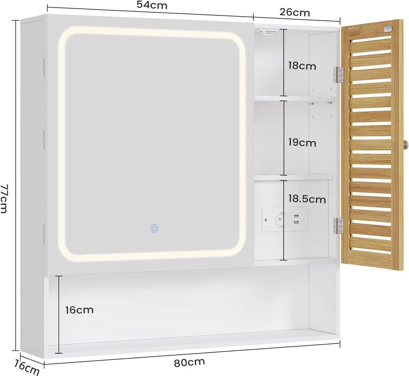 MSMASK Spiegelschrank mit LED-Beleuchtung und Steckdose, Badezimmerschrank mit Bambustür & Verstellbarer Ablage, 80×16×77cm