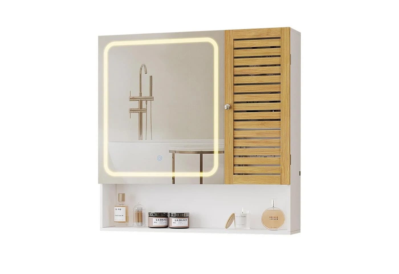 MSMASK Spiegelschrank mit LED-Beleuchtung und Steckdose, Badezimmerschrank mit Bambustür & Verstellbarer Ablage, 80×16×77cm - Bild 2
