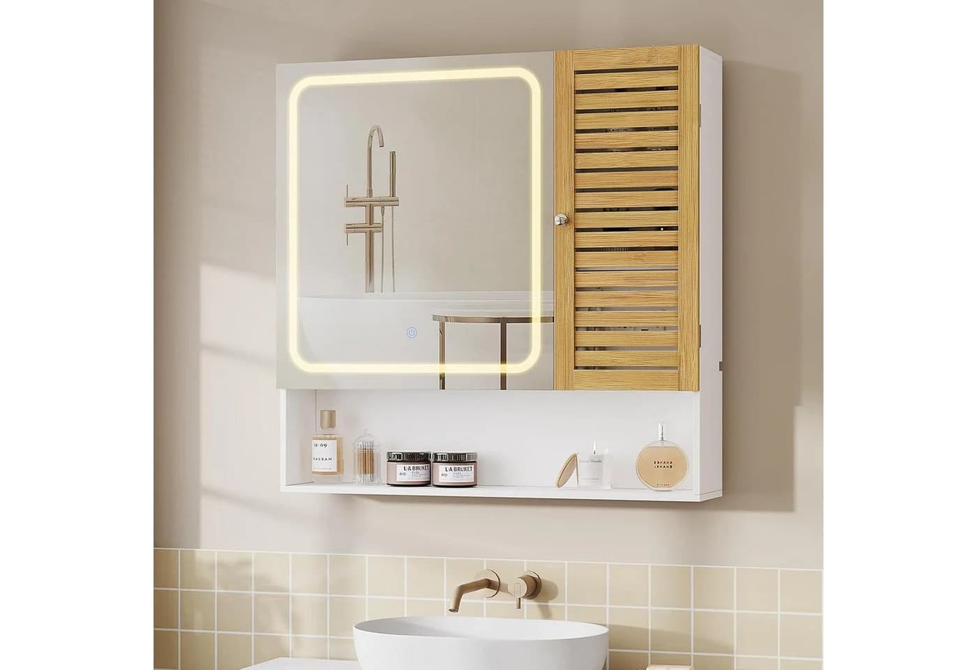 MSMASK Spiegelschrank mit LED-Beleuchtung und Steckdose, Badezimmerschrank mit Bambustür & Verstellbarer Ablage, 80×16×77cm - Bild 3