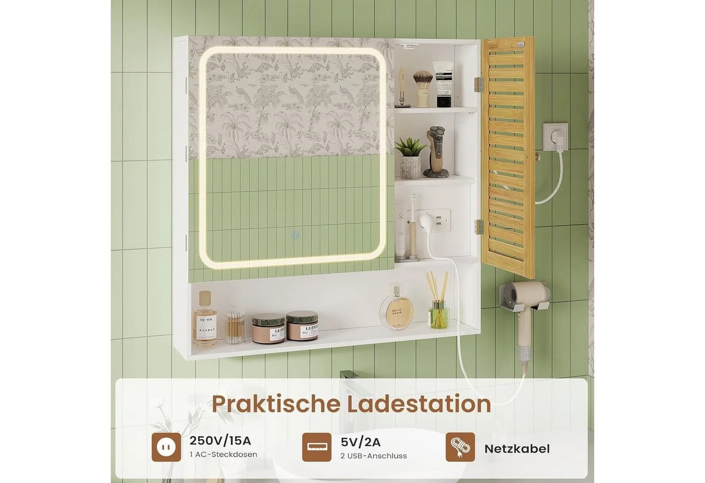 MSMASK Spiegelschrank mit LED-Beleuchtung und Steckdose, Badezimmerschrank mit Bambustür & Verstellbarer Ablage, 80×16×77cm - Bild 5