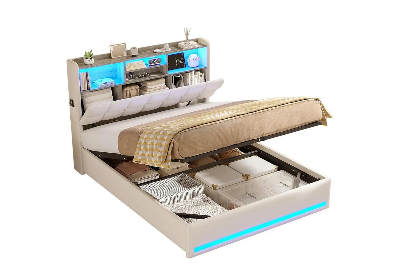 MSMASK Polsterbett Hydraulisches Stauraumbett mit LED-Beleuchtung, 140x200 cm, USB- und Type-C-Anschlüsse, Leinenstoff - Bild 2