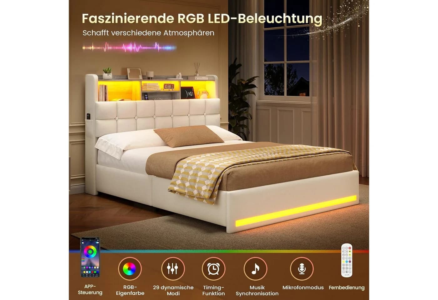 MSMASK Polsterbett Hydraulisches Stauraumbett mit LED-Beleuchtung, 140x200 cm, USB- und Type-C-Anschlüsse, Leinenstoff - Bild 4