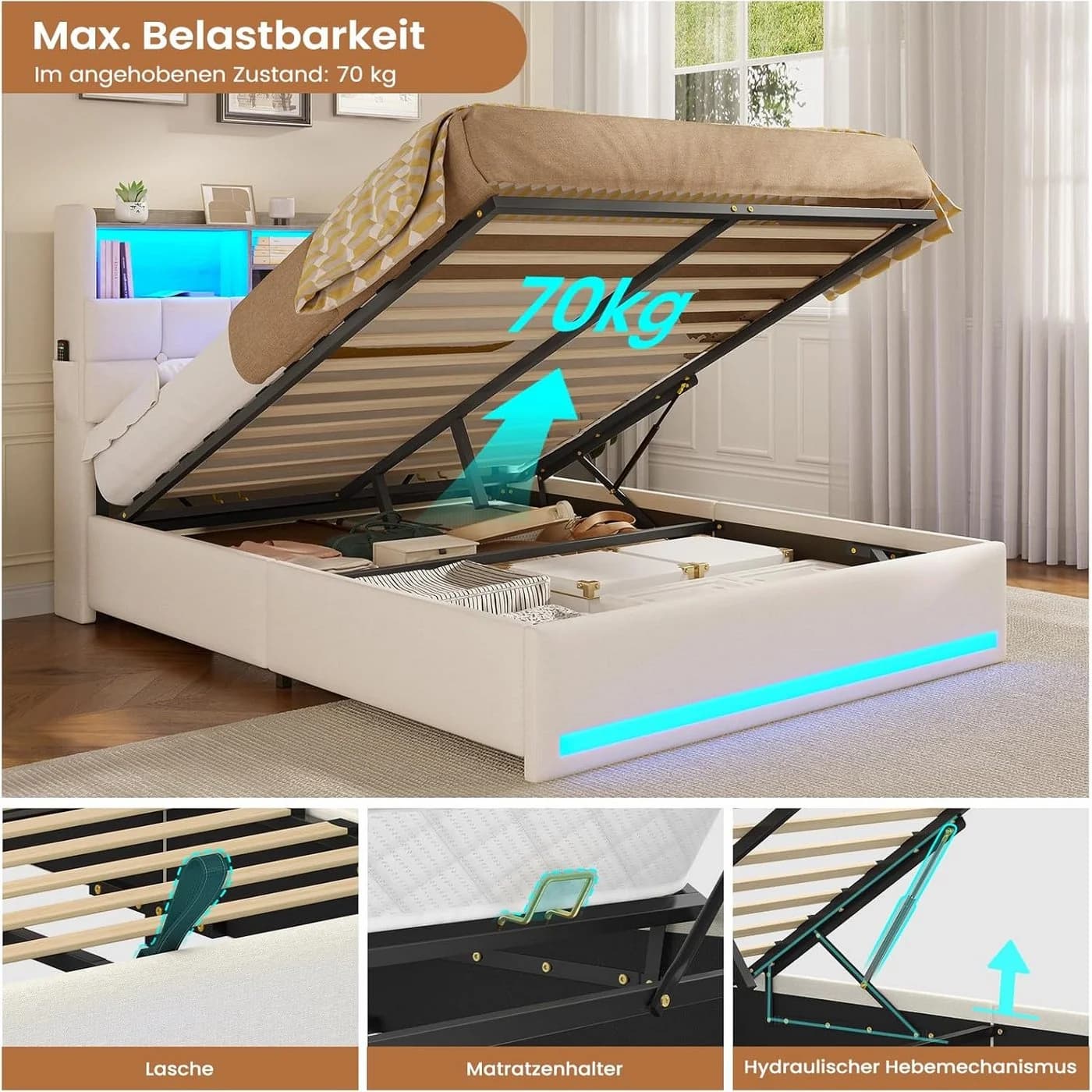 MSMASK Polsterbett Hydraulisches Stauraumbett mit LED-Beleuchtung, 140x200 cm, USB- und Type-C-Anschlüsse, Leinenstoff - Bild 5