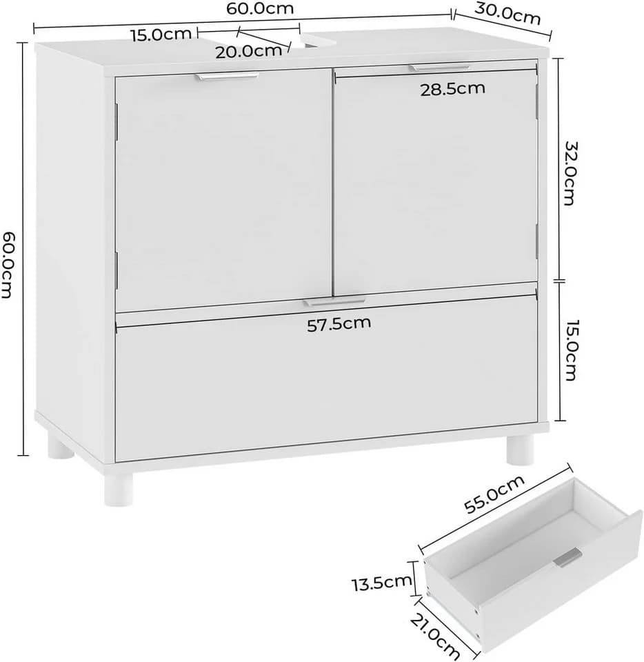 MSMASK Waschbeckenunterschrank Badezimmerschrank 2 Türen 1 Schublade 30 x 60 x 60 cm Weiß