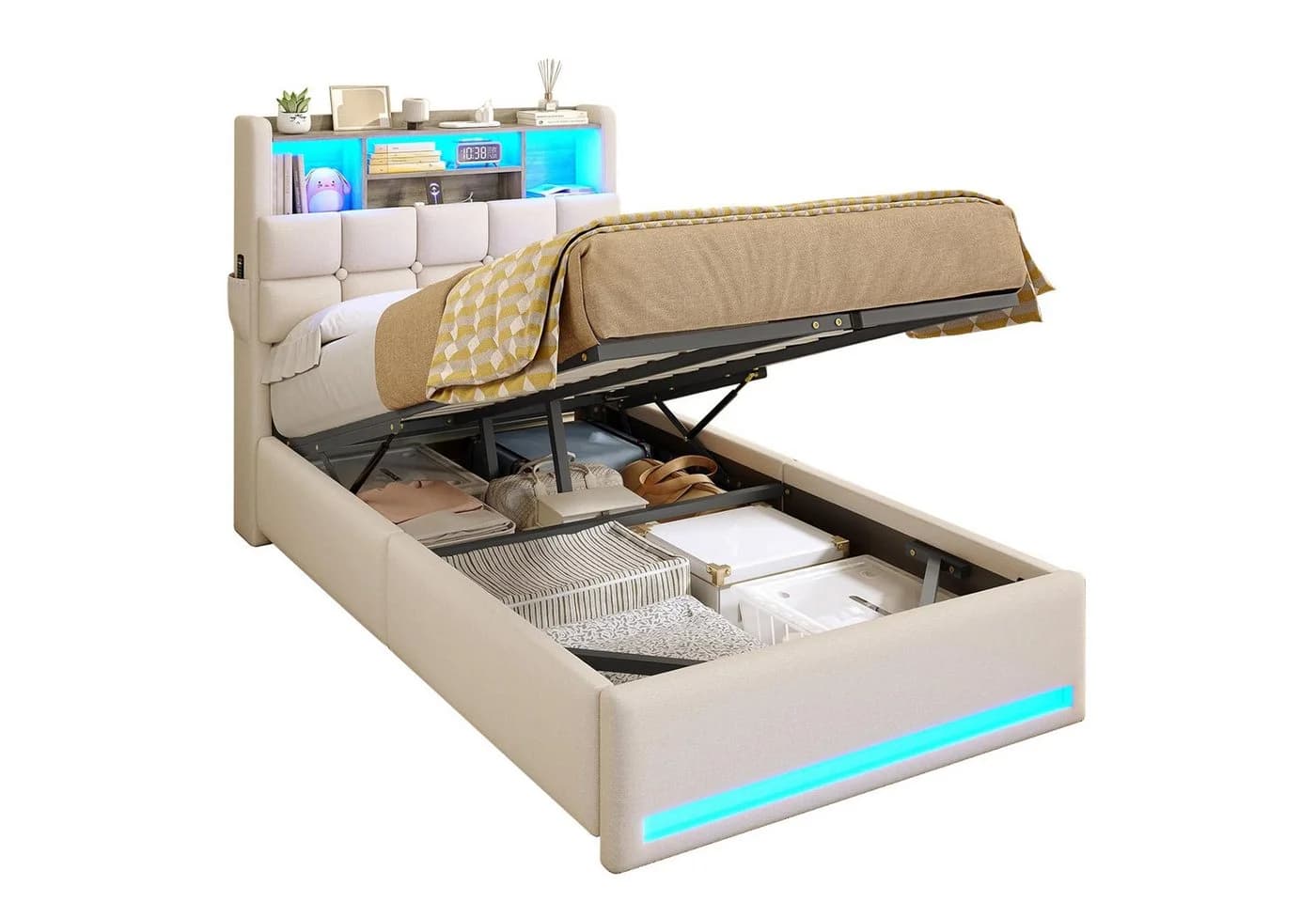 MSMASK Polsterbett Hydraulisches Stauraumbett mit LED-Beleuchtung, 90X200 cm, Jugendbett mit USB- und Type-C-Anschlüsse, Leinenstoff - Bild 2
