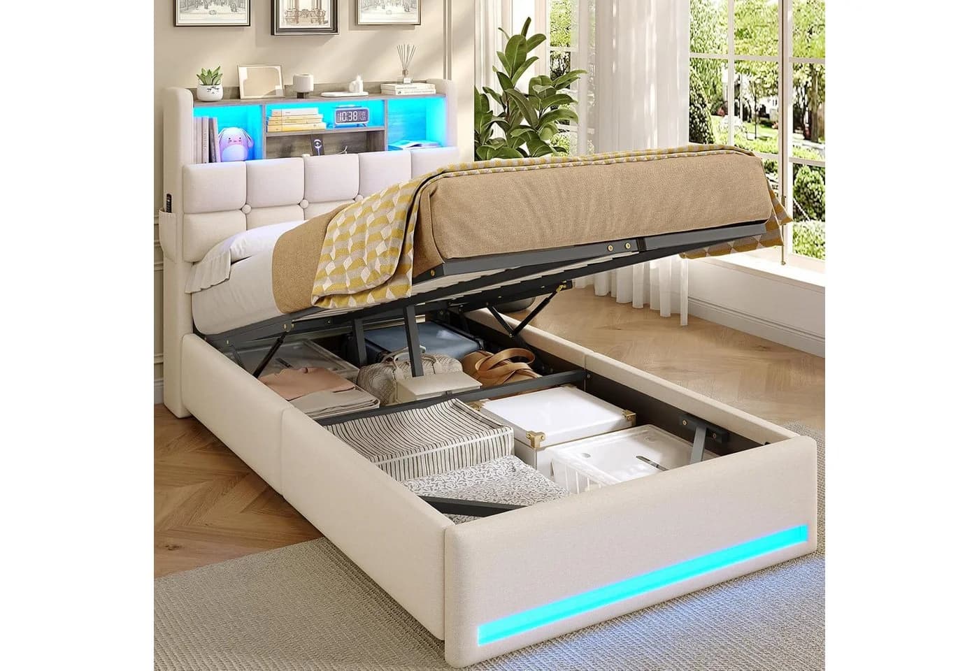 MSMASK Polsterbett Hydraulisches Stauraumbett mit LED-Beleuchtung, 90X200 cm, Jugendbett mit USB- und Type-C-Anschlüsse, Leinenstoff - Bild 3
