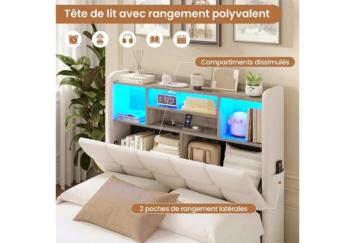 MSMASK Polsterbett Hydraulisches Stauraumbett mit LED-Beleuchtung, 90X200 cm, Jugendbett mit USB- und Type-C-Anschlüsse, Leinenstoff - Bild 5