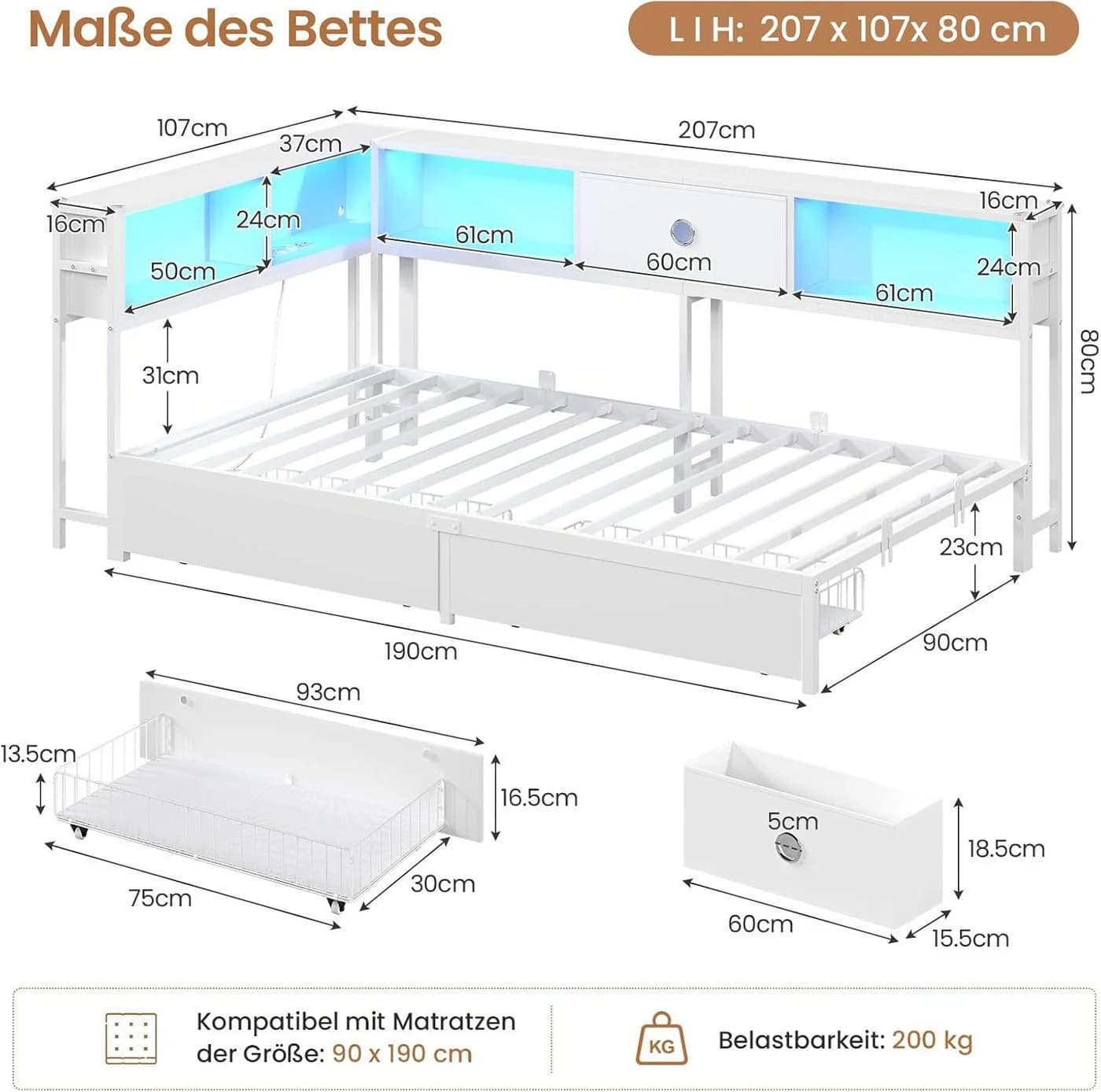 MSMASK Daybett mit LED und Steckdosen Weiß Modern