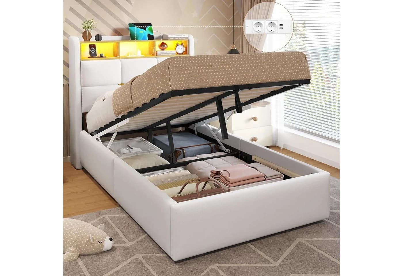 MSMASK Polsterbett LED Beleuchtung Steckdosenleiste Stauraum 90x190cm - Bild 3
