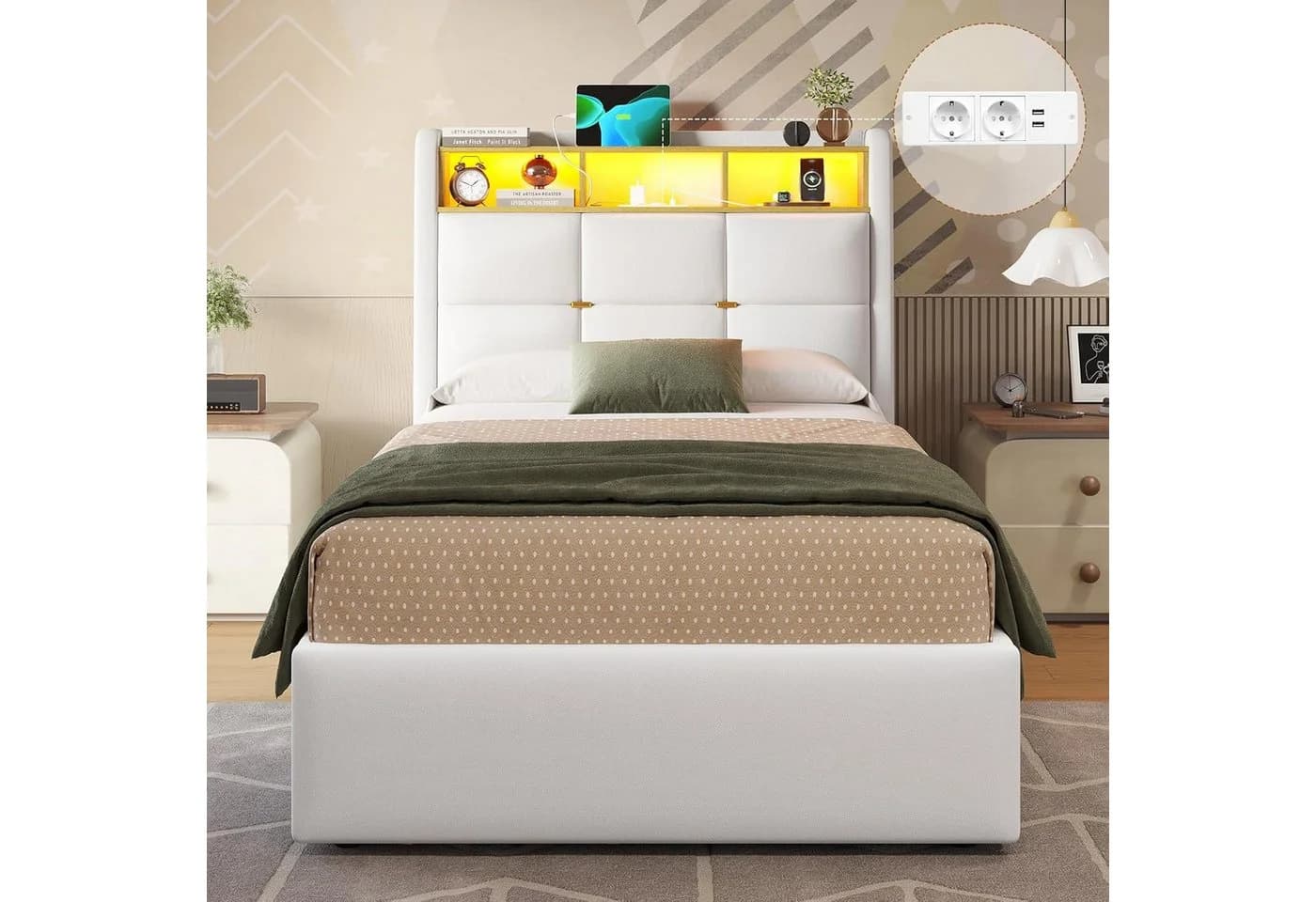 MSMASK Polsterbett LED Beleuchtung Steckdosenleiste Stauraum 90x190cm - Bild 4