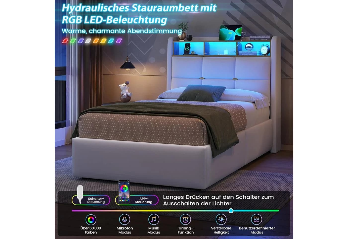 MSMASK Polsterbett LED Beleuchtung Steckdosenleiste Stauraum 90x190cm - Bild 5