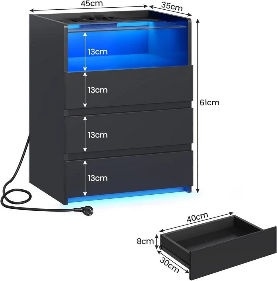 MSMASK Nachttisch mit LED-Beleuchtung und Steckdosen, 3 Schubladen, 45x35x61cm
