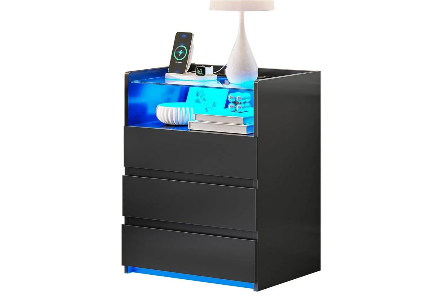 MSMASK Nachttisch mit LED-Beleuchtung und Steckdosen, 3 Schubladen, 45x35x61cm - Bild 2