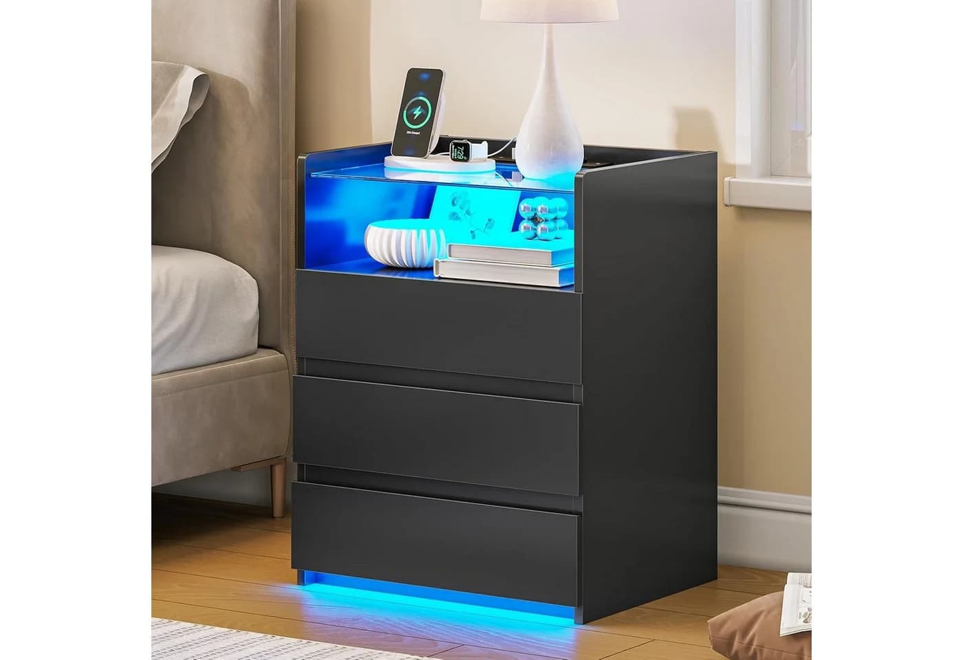 MSMASK Nachttisch mit LED-Beleuchtung und Steckdosen, 3 Schubladen, 45x35x61cm - Bild 3