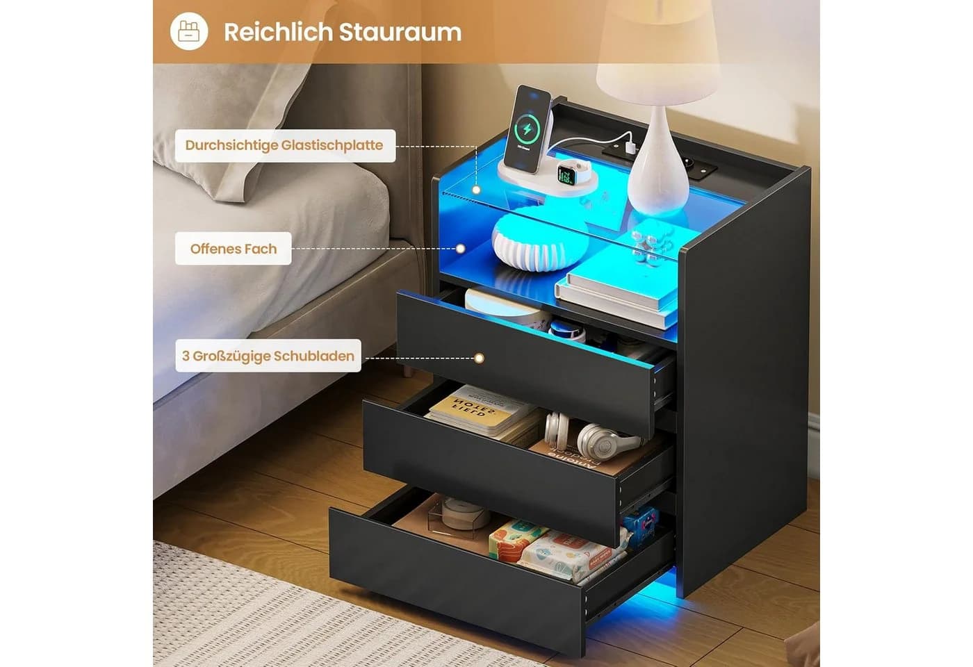 MSMASK Nachttisch mit LED-Beleuchtung und Steckdosen, 3 Schubladen, 45x35x61cm - Bild 4
