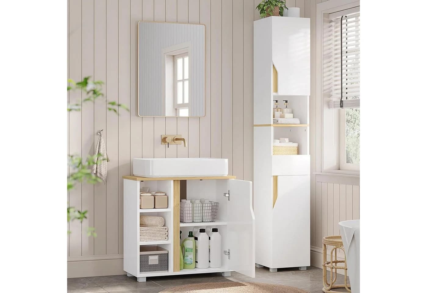 MSMASK Waschbeckenunterschrank Badezimmerschrank 3 Fächer Weiß - Bild 3