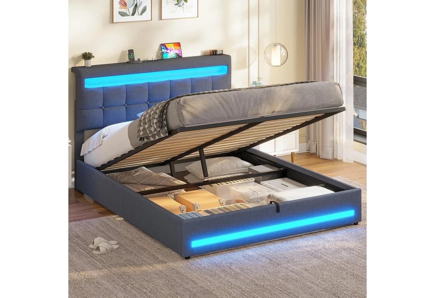 MSMASK Jugendbett 140x190 cm Grau LED Beleuchtung Ladestation - Bild 2