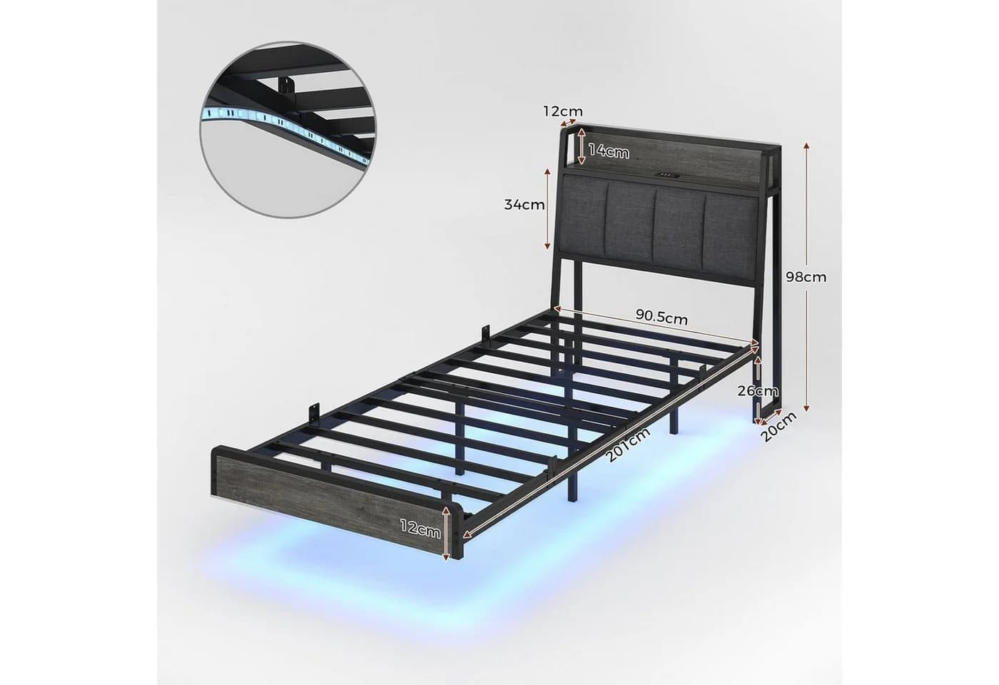 KIMENICH Polsterbett Grau USB-Ladefunktion LED-Beleuchtung 90x200cm