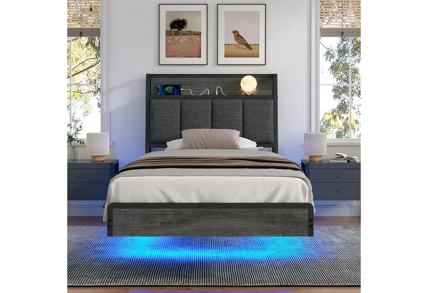 KIMENICH Polsterbett Grau USB-Ladefunktion LED-Beleuchtung 90x200cm - Bild 3