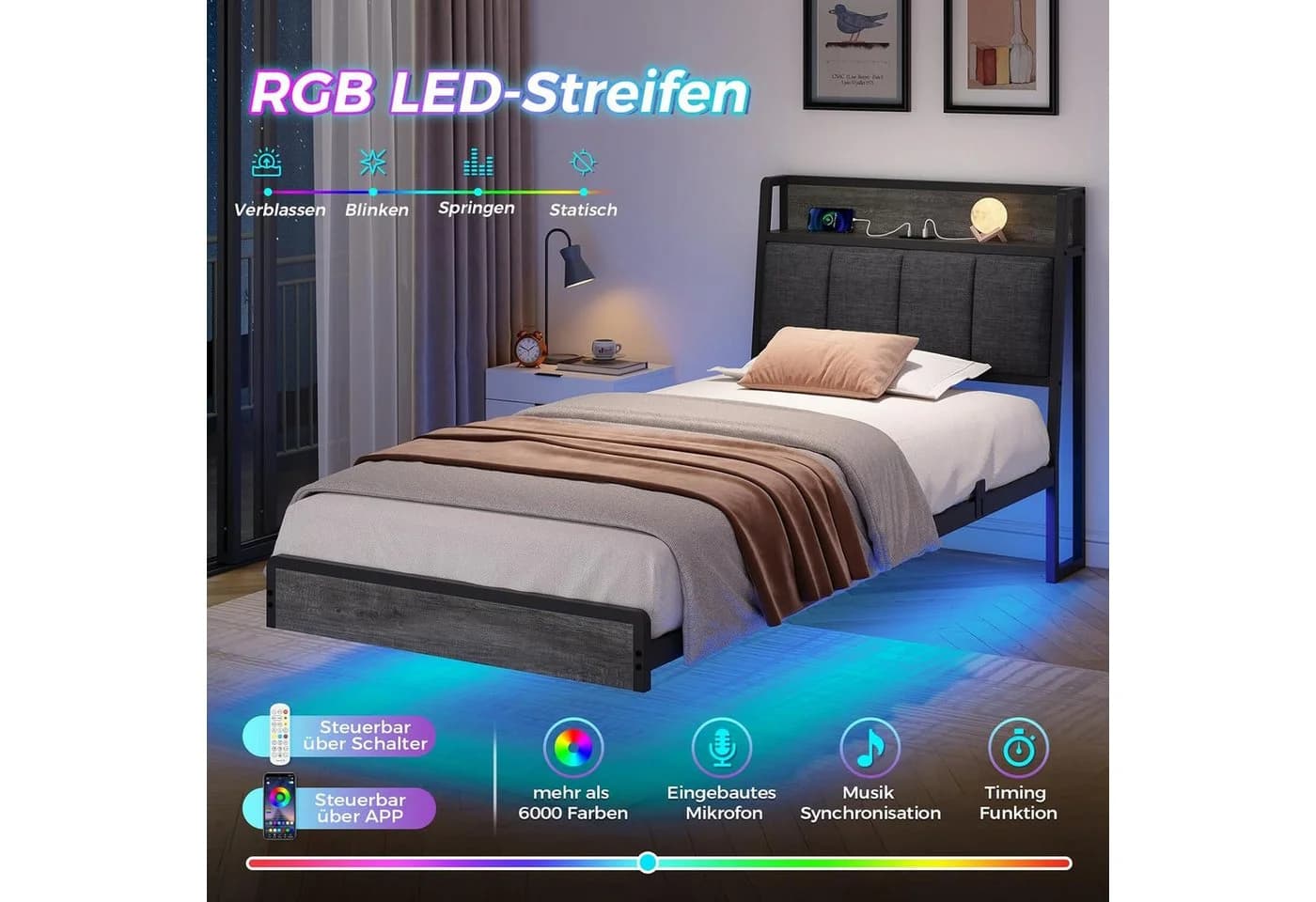 KIMENICH Polsterbett Grau USB-Ladefunktion LED-Beleuchtung 90x200cm - Bild 5