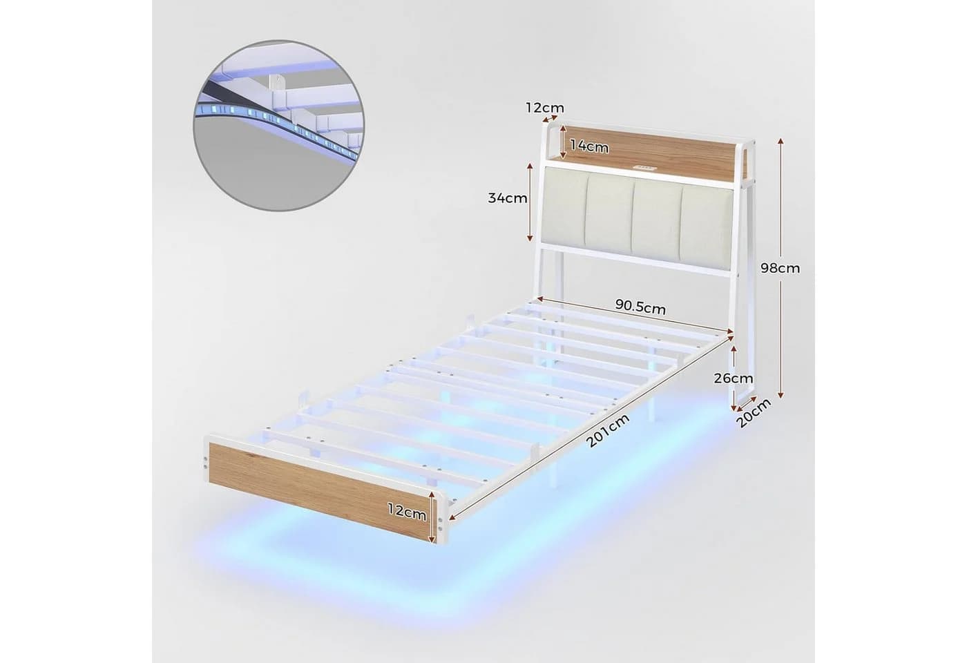 KIMENICH Polsterbett mit USB-Ladefunktion und LED-Beleuchtung, Modern, 90x200cm