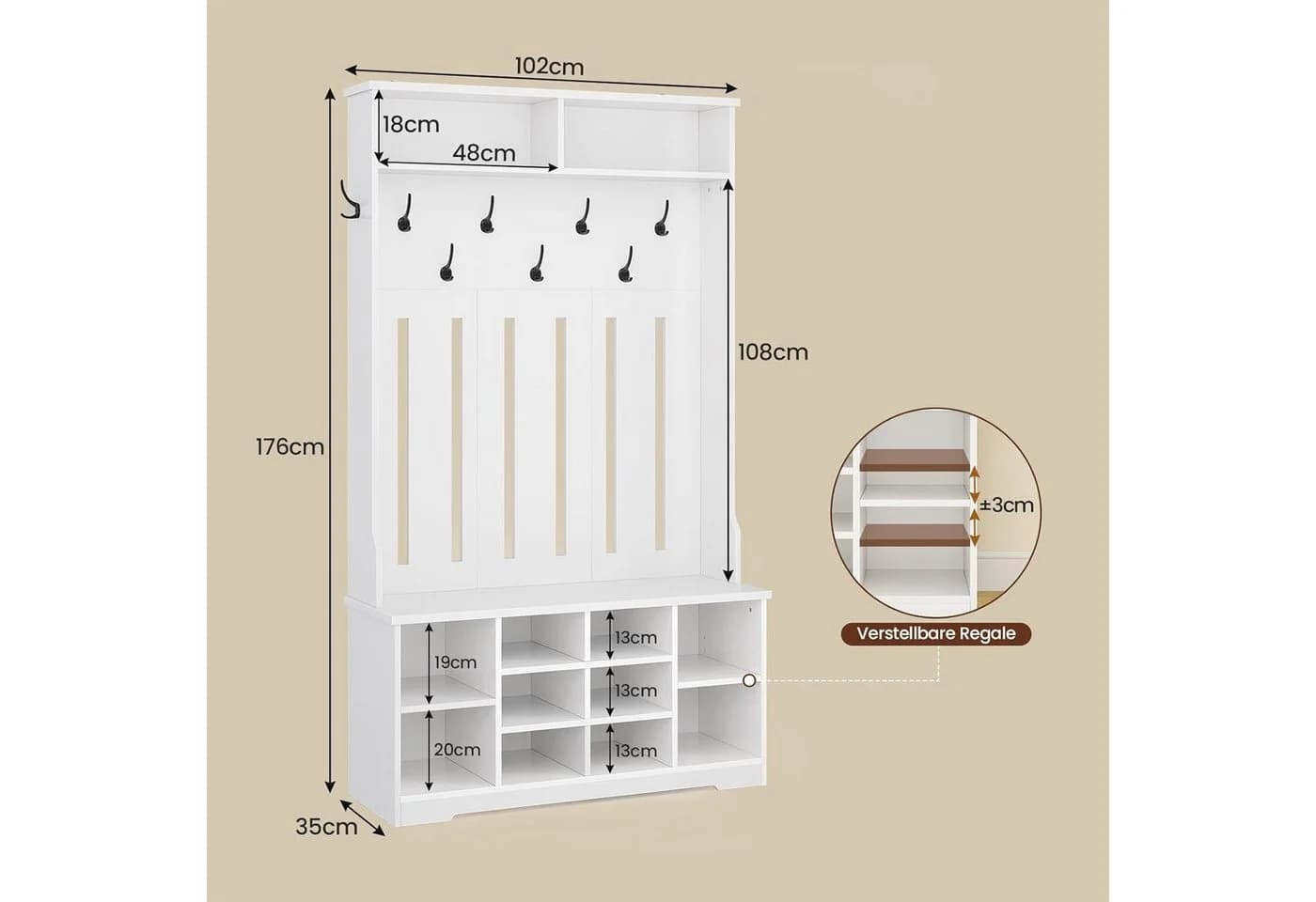 MSMASK Garderobenständer mit Schuhbank, Garderobe mit offenem Stauraum, 102x35x176cm, Weiß