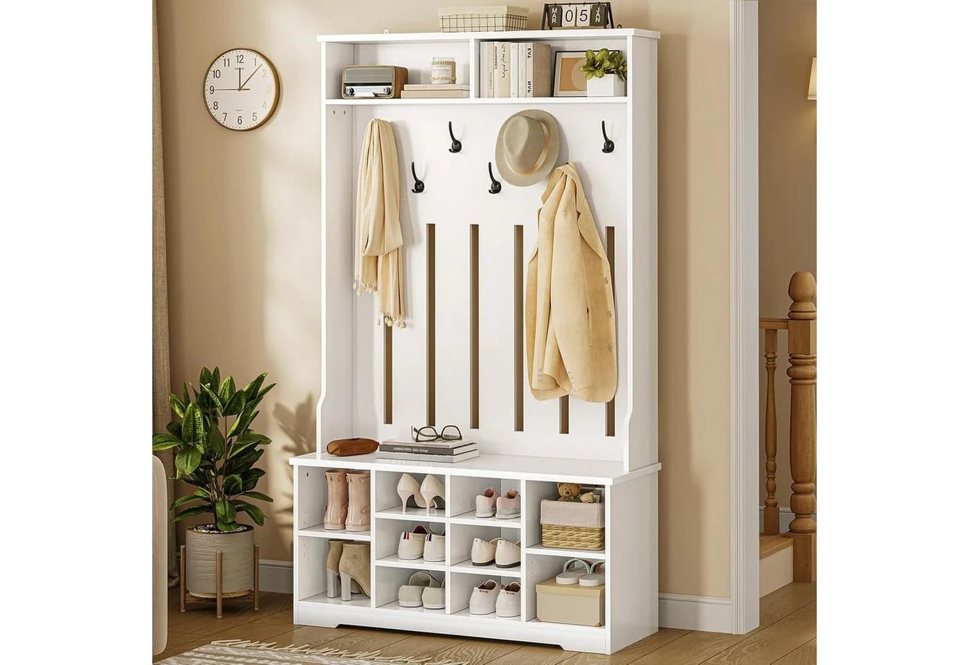 MSMASK Garderobenständer mit Schuhbank, Garderobe mit offenem Stauraum, 102x35x176cm, Weiß - Bild 3