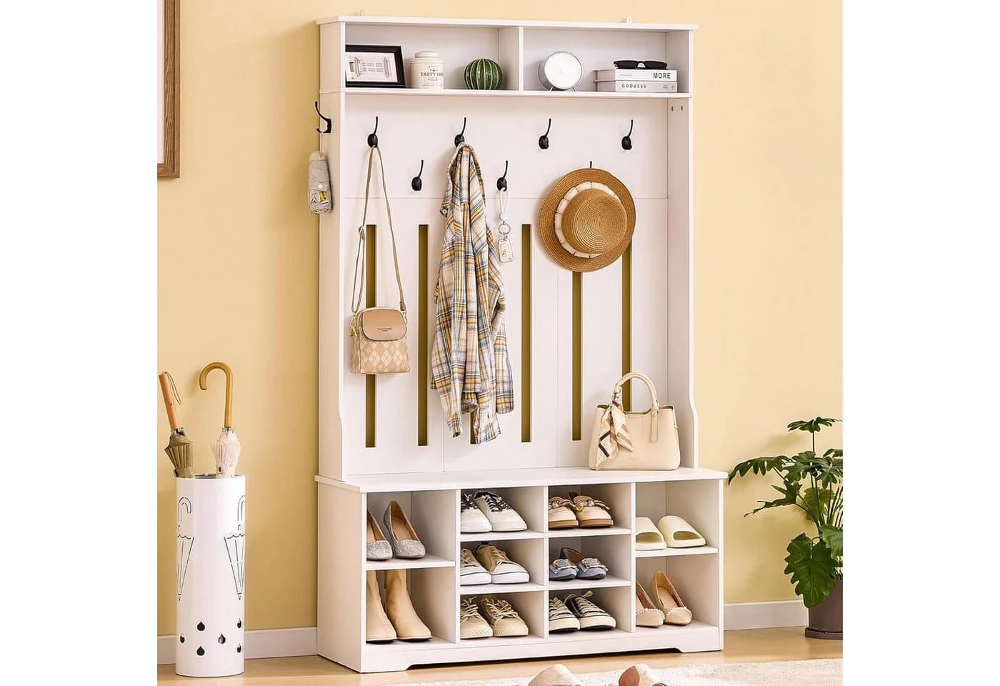 MSMASK Garderobenständer mit Schuhbank, Garderobe mit offenem Stauraum, 102x35x176cm, Weiß - Bild 4
