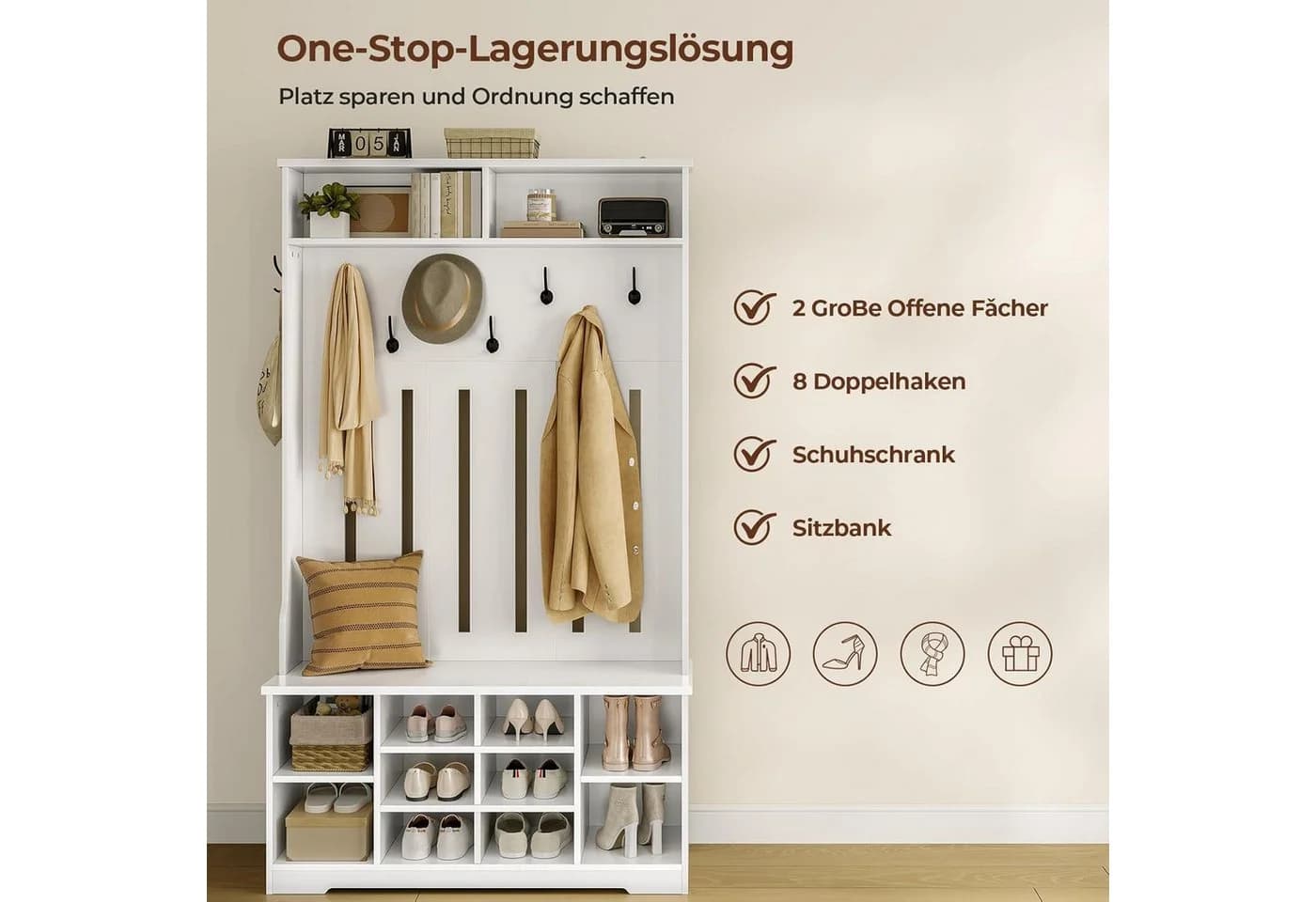 MSMASK Garderobenständer mit Schuhbank, Garderobe mit offenem Stauraum, 102x35x176cm, Weiß - Bild 5